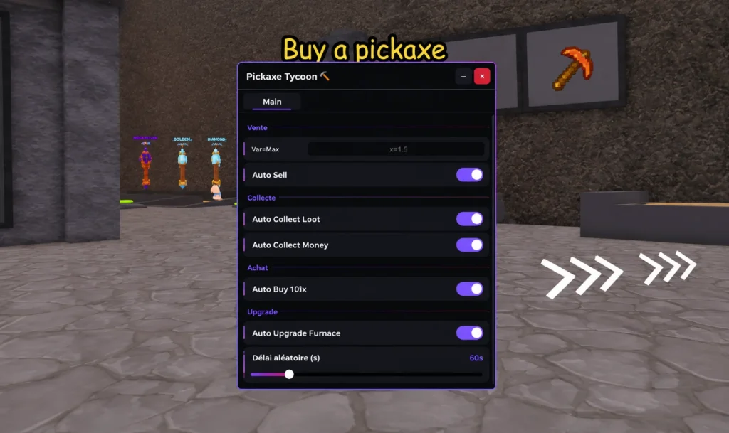 Script Pickaxe Tycoon (Keyless) - Auto Collect Money & Auto Upgrade Furnace