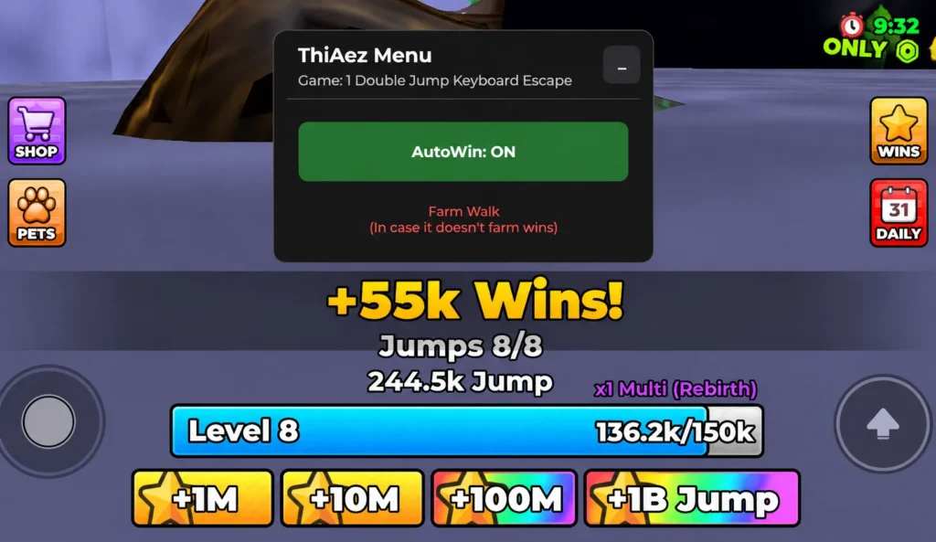script by ThiAez Menu Hub Roblox +1 Double Jump Keyboard Escape | Candy 🍭